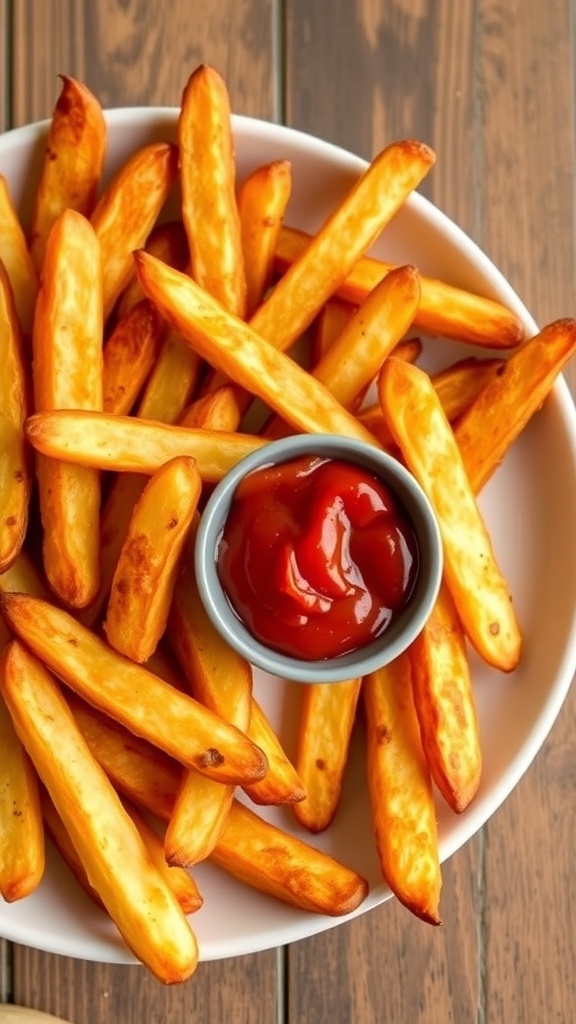Crispy air fryer oil-free French fries served with ketchup on a rustic wooden table.
